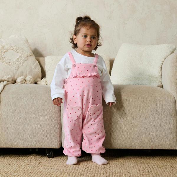 Mini Cuddles Baby Girls Heart Print Dungaree and Top Set, Pink and White