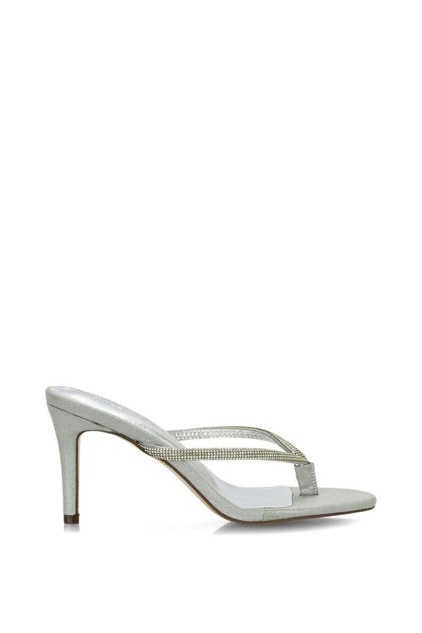 XY LONDON Thong Strap Slip On Stiletto Diamante Heeled Sandal Mules - Silver