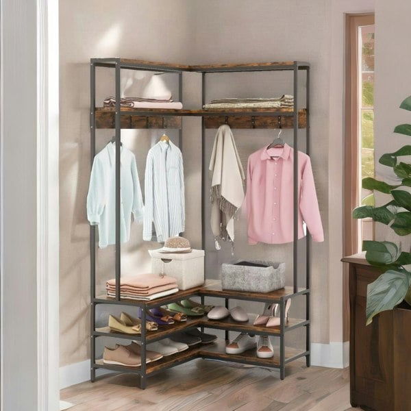 Rafaelo Mobilia Industrial L-Shaped Hall Tree Coat Rack Stand With Shelves Rustic Brown