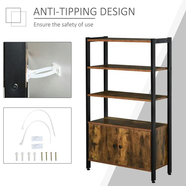 Industrial cabinet with anti-tipping safety hardware, rustic brown two-door base and black frame
