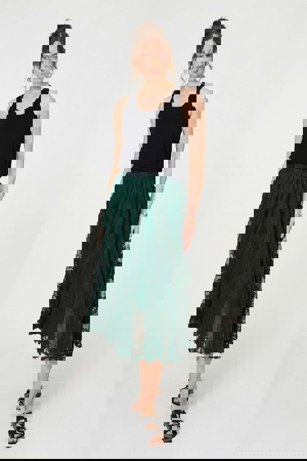Sage | Floral Semi Sheer Mesh Layer Midi Skirt
