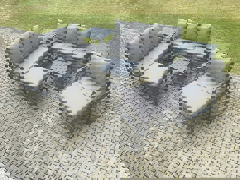 Fimous Aluminium Outdoor Lounge Sofa Set Garden Furniture Sets with Square Coffee Table Chair 2 Big Footstools 2 Side Tables Dark Grey
