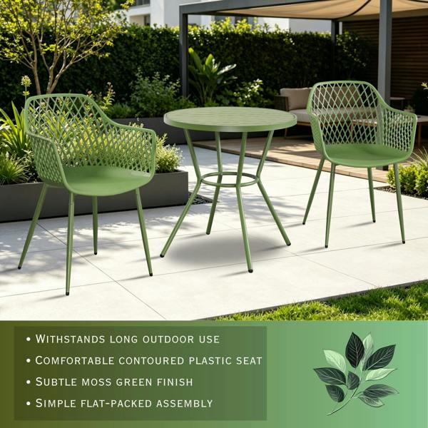 Core Products 3 Piece Bistro Garden Set, Pair Of Lattice Armchairs & Round Plastic Table, Moss Green