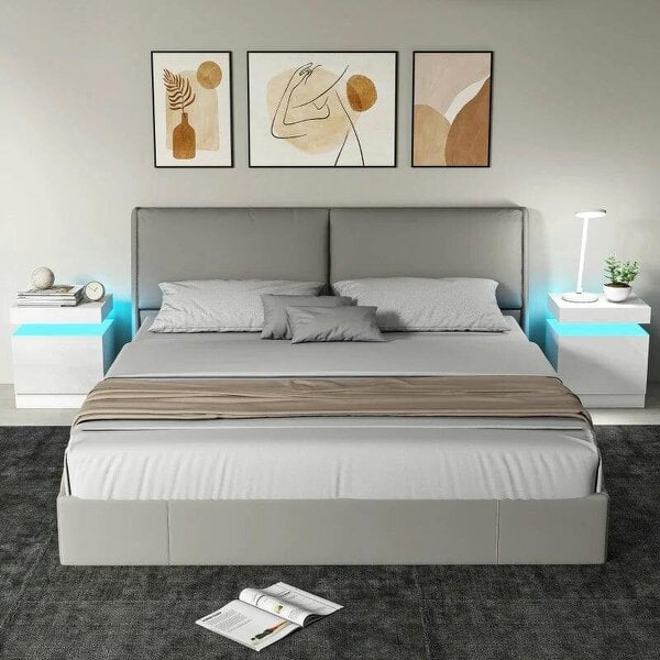 White Bedside Table with LED Light, High Gloss Front Nightstand with 2 Drawers, for Living Room, Bedroom, Set of 2 - White