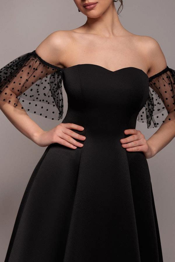 Scuba & Polka Mesh Off The Shoulder Midi Dress - Black DR5016