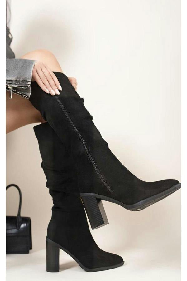 Anaya Knee High Block Heel Boots With Side Zip Closure - Black