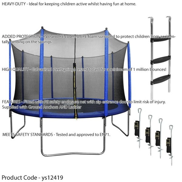 3.6m / 12ft Trampoline, Enclosure Net, Ladder & Anchors 150KG Max Garden Jump - LoopsDirect