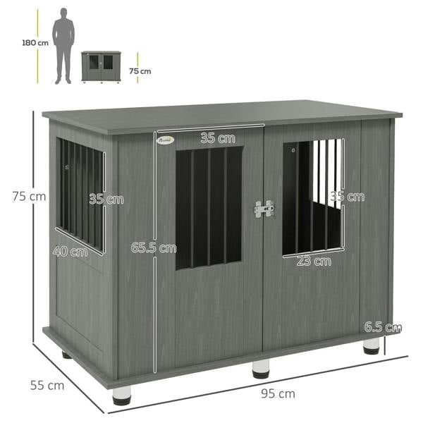 Grey dog crate table with door and barred panels; 95 x 55 x 75 cm dimensions shown.