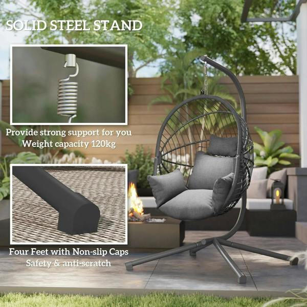 Grey hanging egg chair with full seat cushions on sturdy steel stand.