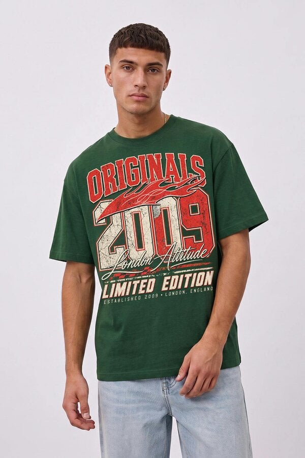 London Attitude Originals 2009 Oversized Heavyweight Graphic T-Shirt - Forest green