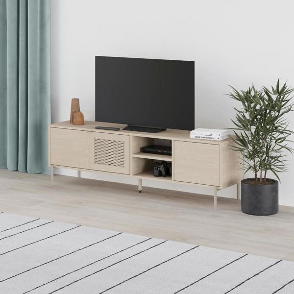 Decortie Modern 164cm TV Stand Unit Up to 55" TVs with 3 Soft-Close Doors, 2 Open Shelves Storage, Laser-Cut Pattern, Sonoma Oak