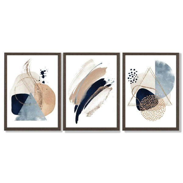Artze Wall Art Set of 3 Abstract Beige Blue and Gold Framed Prints
