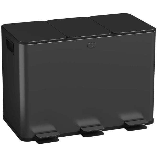 Black steel triple kitchen pedal bin with three soft-close lids and foot pedals
