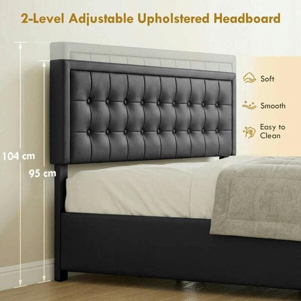 PU Leather King Size Ottoman Bed Frame, with Front Drawer - Black