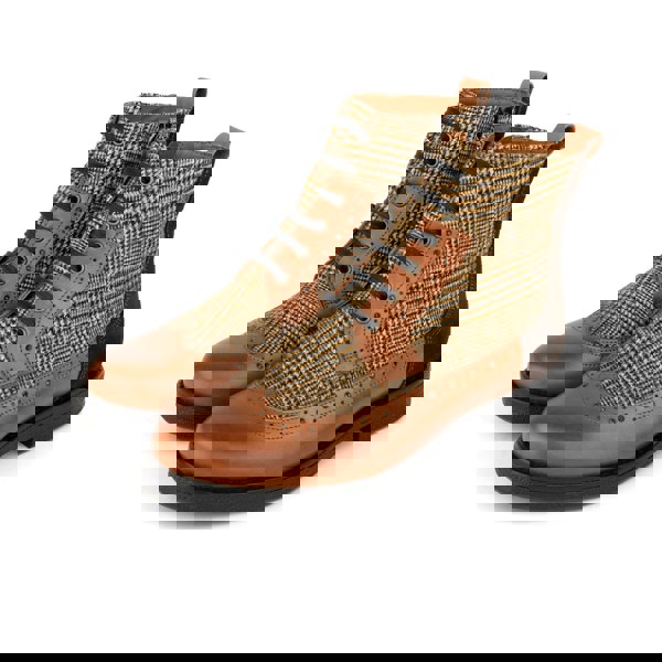 Embassy London Hatter - Tan & Brown Check - Women's Leather Ankle Lace-up Boot with check details