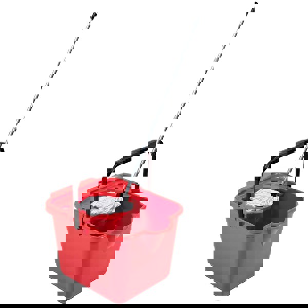 1 x Red 12L Mop & Bucket Set For Cleaning Hard Floors Complete With Pouring Lip & Cotton Mop