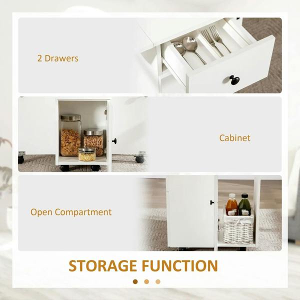 White dining table with open cabinet compartment, interior shelving, and drawers.