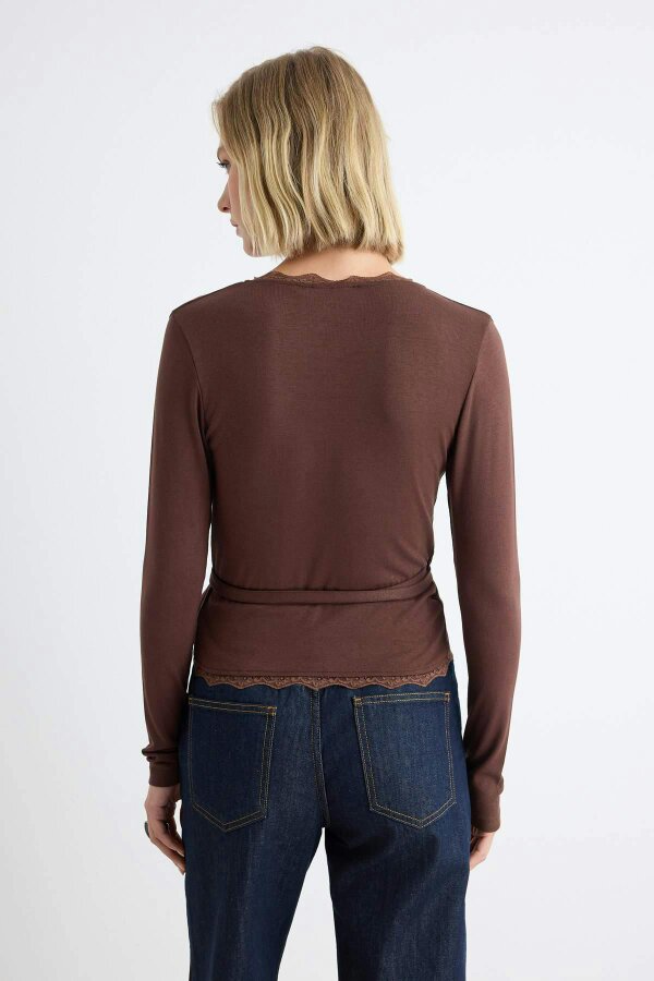 WOVCOR Fitted Wrap Neckline Long Sleeve Lace Detail Crop Blouse