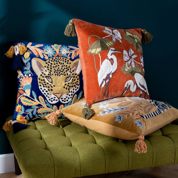 Wylder Tropics White Tiger Embroidered Cushion Cover - Gold