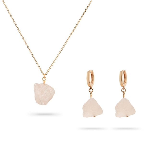 Gold Trip Rose Quartz Pebble Pendant & Earrings Set