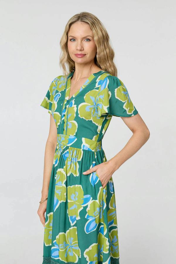 Green | Floral Angel Sleeve Relaxed Midi Dress