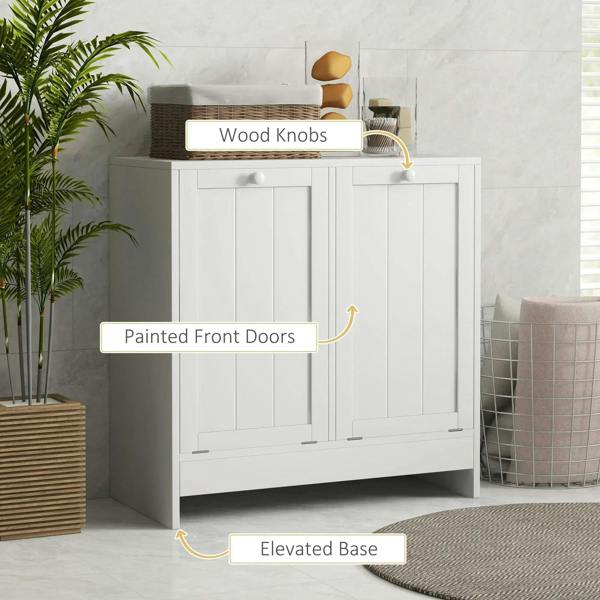 White laundry hamper storage cabinet with paneled doors, round knobs, and elevated base.