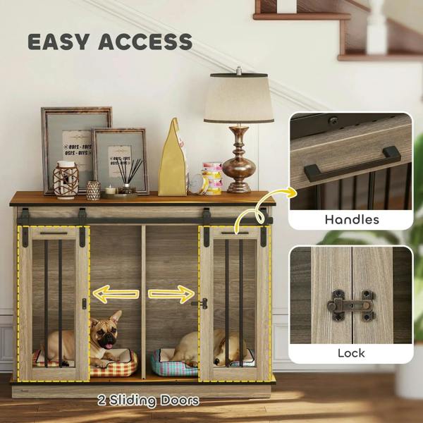 Oak-tone dog crate furniture with sliding doors, metal handles, and latch lock.