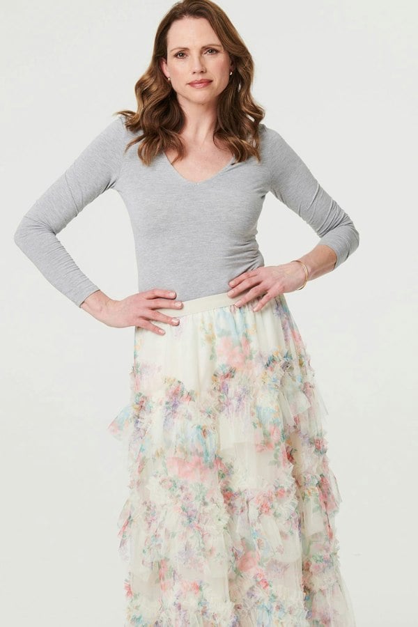 Cream | Floral Semi Sheer Mesh Ruffled Midi Dress
