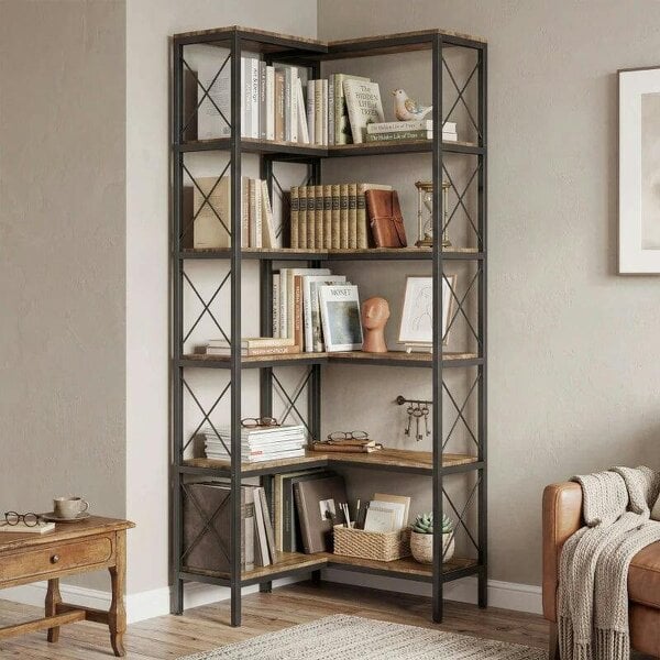 5-Tier L-Shaped Bookshelf, Freestanding Corner Bookcase with Metal Frame, Rustic Brown - Rustic Brown