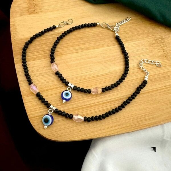 The Colourful Aura Dangle Evil Eye Black Beaded Silver Foot Anklet Payal