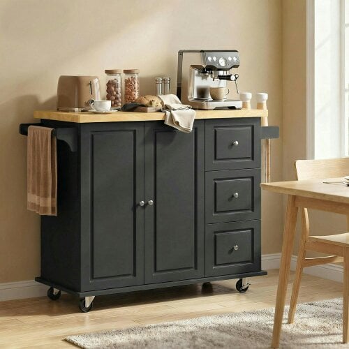 Wyld Haus Rolelo Wooden Black Rolling Kitchen Island With Drop Leaf Drawer Towel And Spice Racks