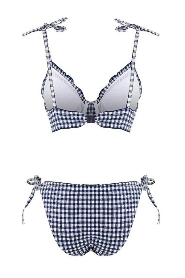 WOVCOR Plaid Patterned Textured Ruffled Balconette Padded Regular Waist Bikini Set
