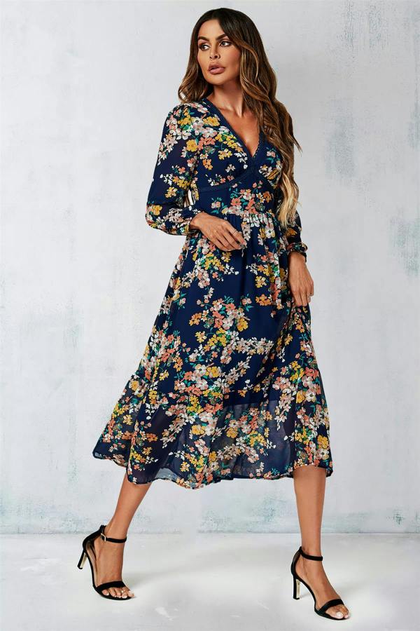 FS Collection Floral Print Long Sleeve Maxi Dress In Navy