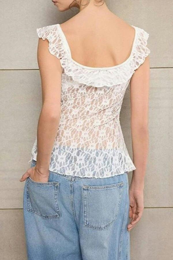 WOVCOR Fitted Pool Neck Lace Knit Blouse with Tie Detail