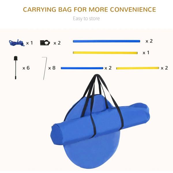 Blue carrying bag with blue-and-yellow agility poles and included stakes