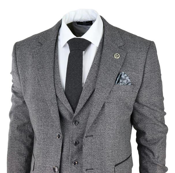 TruClothing Mens Grey 3 Piece Suit Prince of Wales Check Classic Tailored Fit Wedding Suit