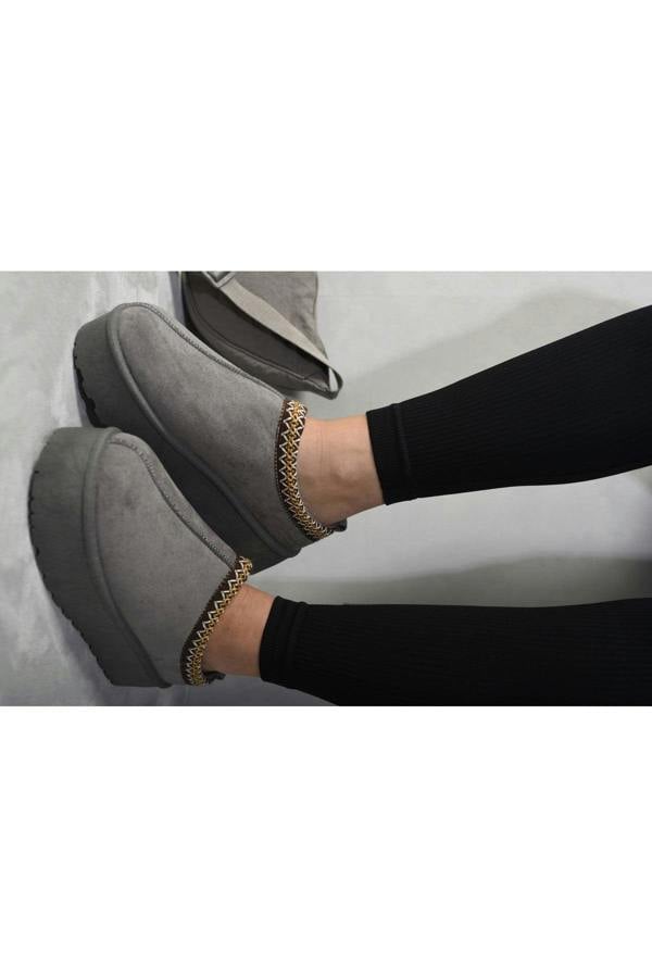 Jolene Aztec Detail Low Ankle Platform Slipper Boots - Grey
