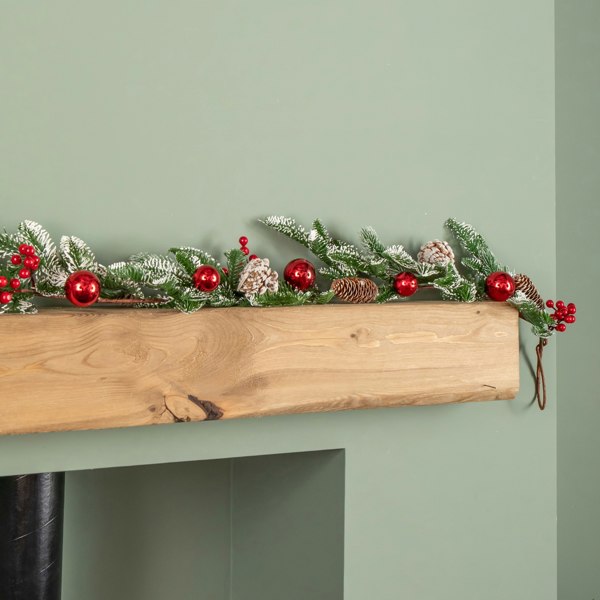 Samuel Alexander 1.9m Christmas Frosted Pinecone Garland with Red Berries and Baubles