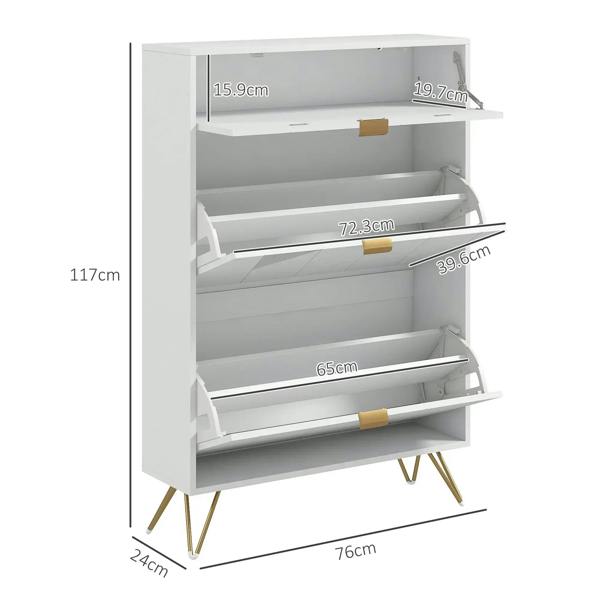 White narrow shoe cabinet open view with flip shelves and interior compartments