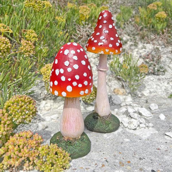 Farmwood Pair of Pointed Garden Mushroom Red Cap Toadstool Ornaments
