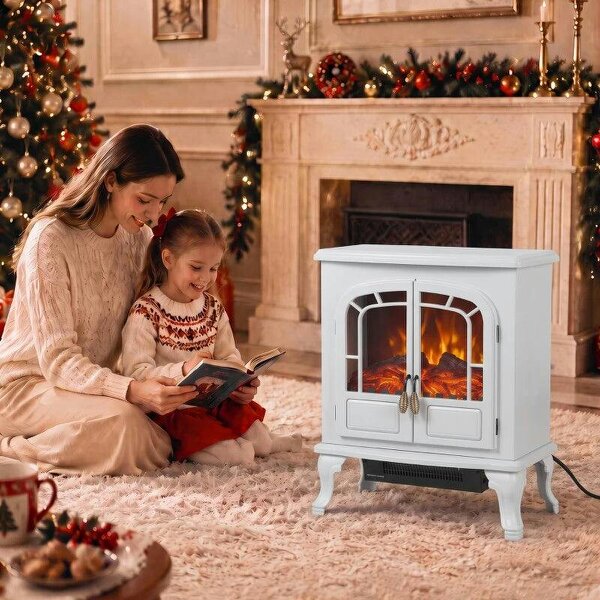 Freestanding Electric Fireplace Stove Heater with LED Fire Flame Effect White