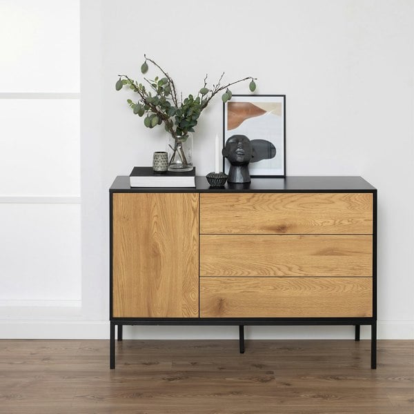 Furniture To Go Seaford 1 Door 3 Drawer Small Sideboard in Black & Oak