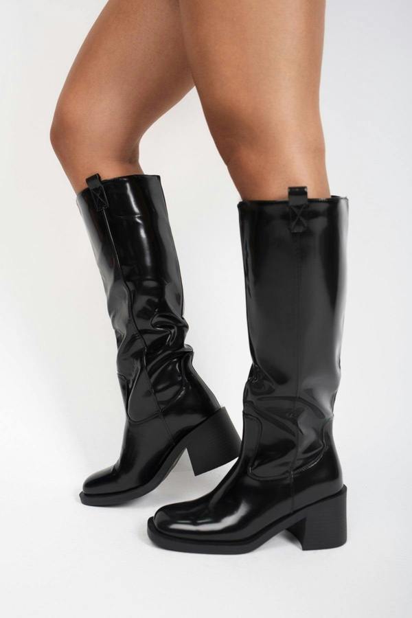 Verira Patent Knee High Block Heel Boots - Black