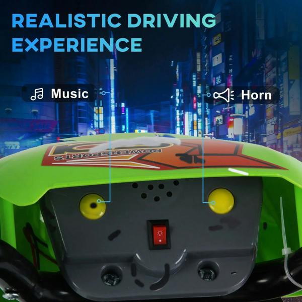 Green electric ride-on motorcycle front control panel and headlight detail