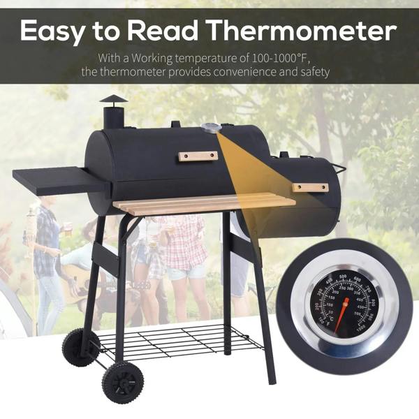 Black charcoal BBQ grill with wooden shelves and thermometer gauge attachment, on wheels.