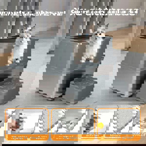 Skylos Stainless Steel Cat Litter Box High Sided Litter Tray with Scoop Pedal