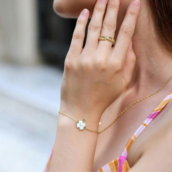Spero London White Opal Clover Sterling Silver Bracelet