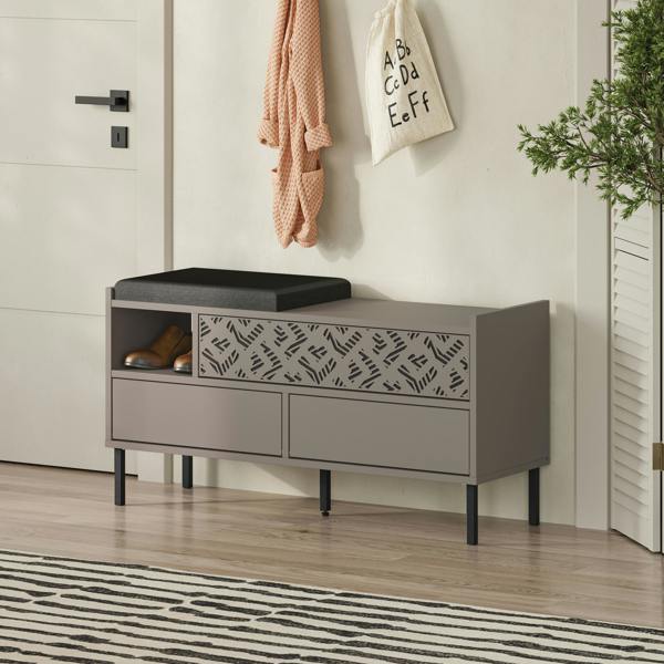 Decortie Heaton Shoe Bench w/ Fabric Cushion Seat 3-door Storage Cabinet 111(W)x37(D)x56.5(H)cm Metal Legs Hallway