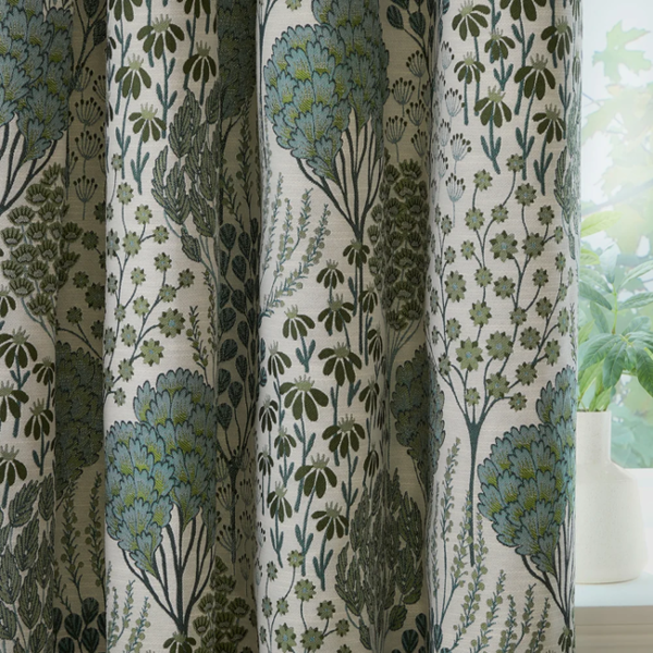 Wylder Ophelia Jacquard Floral Eyelet Curtains - Thyme/Mineral