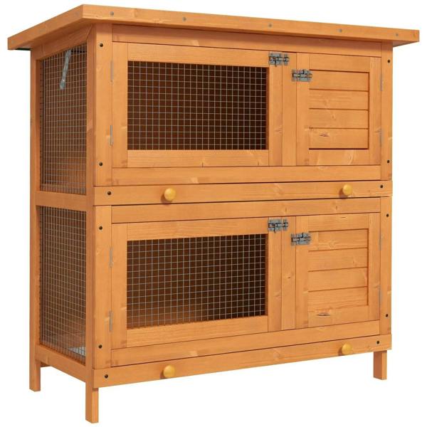 Outdoor wooden guinea pig hutch with wire mesh panels and front double doors